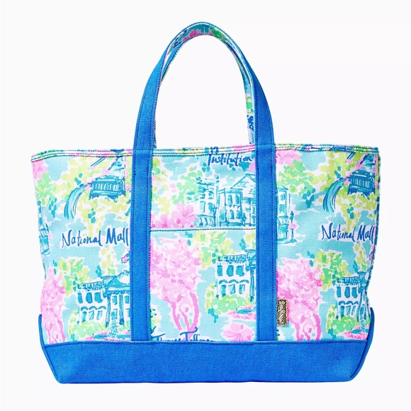 Women’s Lilly Pulitzer Mercato Canvas Cotton Tote Bag - Multi Lilly Loves DC - Picture 1 of 9